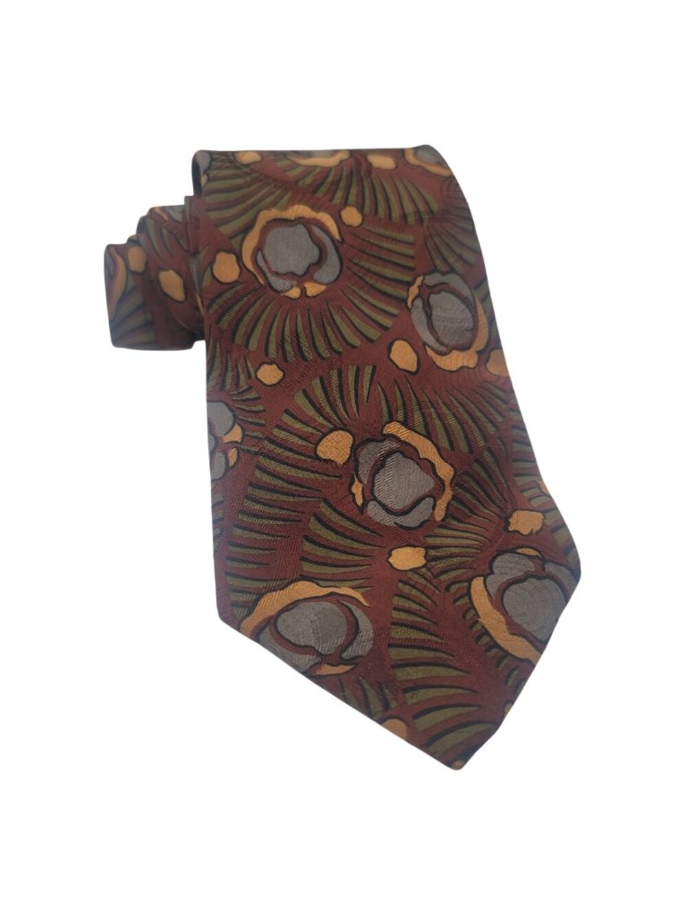 Assets Andrew Fezza Mens 100% Silk Handmade Tie Abstract Floral Print Brown Gold